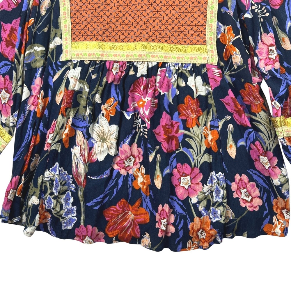 Cynthia Rowley Floral Tunic Women 1X Navy Blue Boho Embroidered V-Neck Top - Picture 6 of 9